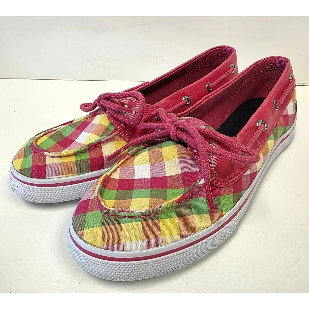 Sperry Top-Sider Pink Yellow Green Plaid Boat Loafer Shoes Size 4.5M Biscayne